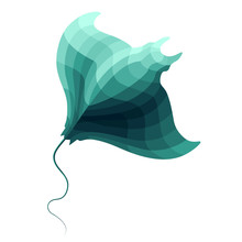 Stylized Devil Ray Illustration With Geometric Shapes Colored In Shades Of Turquoise Green. Gradient Polygon Style Sea Animal Vector.