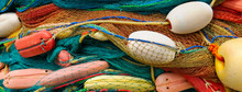 Background Of Colorful Fishing Nets And Floats