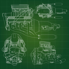 A big diesel engine with the truck depicted in the contour lines on graph paper. The contours of the black line on the green background.