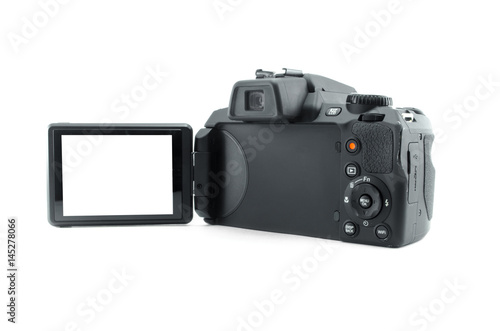 Photo camera with blank display screen isolated on white background
