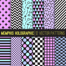 Memphis Style Holographic Geometric Vector Patterns. Halftone Dots, Stripes, Chevron, Checks, Triangles, Crosses, Curly Doodles & Spirals. 80s & 90s Revival Backgrounds. Pattern Tile Swatches Included