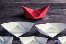 Business Leadership Concept With White And Color Paper Boats On 