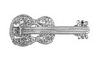 Silver brooch shaped like a guitar, with small diamonds, isolated on white background, clipping path included