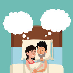 Poster - sleeping couple in bed dreaming hugging happy vector illustration eps 10