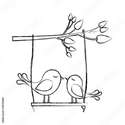Monochrome Sketch Of Tree Branch With Swing And Couple Of
