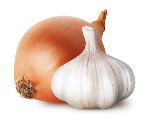 Wall Mural - Isolated vegetables. Raw onion and garlic isolated on white background, with clipping path