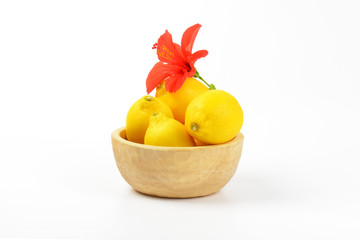 Canvas Print - bowl of ripe lemons and red hibiscus bloom