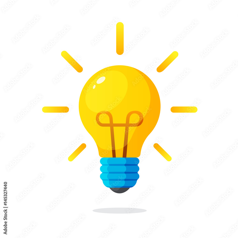 Vector illustration. Light bulb with rays shine. Energy and idea symbol. Decoration for greeting cards, patches, prints for clothes, badges, posters - obrazy, fototapety, plakaty 