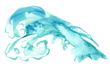 Abstract Bright Blue Ocean Wave Painted In Watercolor On Clean White Background