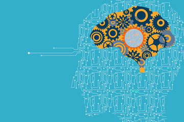 Artificial Intelligent and robotic concept. Integrated Circuit of electronic signal and data to form a human head shape with mechanical and digital database inside the brain.