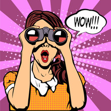 Wow Pop Art Female Face. Sexy Surprised Woman With Open Mouth Holding Binoculars In Her Hands With Speech Bubble. Colorful Vector Background In Pop Art Retro Comic Style.