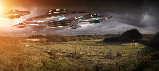 Poster - UFO invasion on planet earth landascape 3D rendering