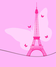 Eiffel Tower With Butterflies Pattern For Postcards And Booklets. Vector Illustration