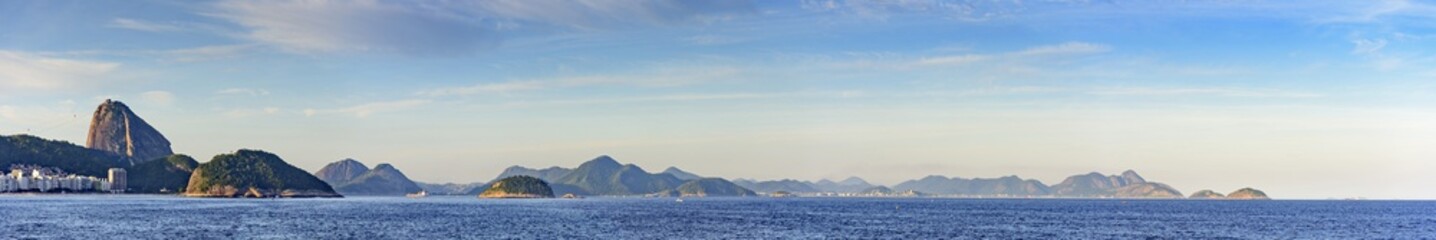 Panoramic image of Copacabana beach, Sugar Loaf, Guanabara bay entrance and hills of Niteroi city in Rio de Janeiro