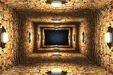 Fototapeta Do przedpokoju - Top view of old flooded elevator shaft or well with brick walls and point lights