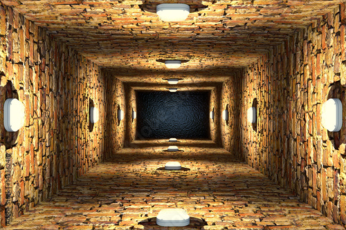 Top view of old flooded elevator shaft or well with brick walls and point lights