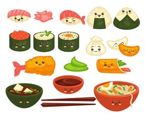 Wall Mural - Cute asian dishes with faces set on white vector poster