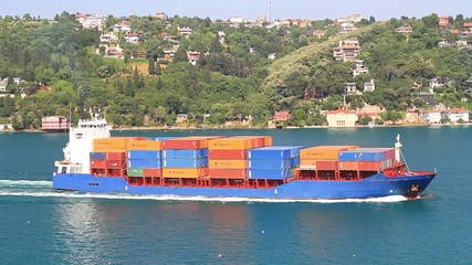 Wall Mural - Blue Container Ship . Cargo ship full of cargo sailing in to Bosporus Sea. The ship with containers stacked tidy row upon row 