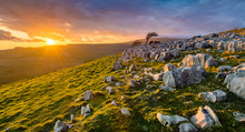 Dramatic Sunset At Twistleton Scar In The Yorkshire Dales National Park With Moody Clouds.