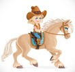 © Azuzl - Cute little girl in a cowboy suit riding a horse isolated on a white background