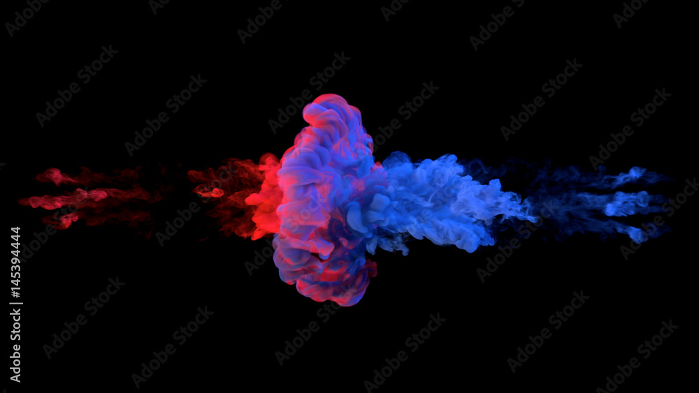 Color paint drops in water. Ink swirling underwater. Cloud of silky ink collision isolated on black background. Colorful abstract smoke explosion animation. Close up camera view. - obrazy, fototapety, plakaty 