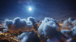 Flying over the deep night timelapse clouds with moon light. Seamlessly looped animation. Flight through moving cloudscape over night city lights. Perfect for cinema, background, digital composition.