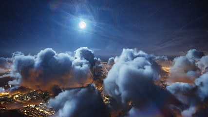 Wall Mural - flying over the deep night timelapse clouds with moon light. seamlessly looped animation. flight thr