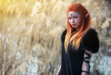 Elf Women With Fiery Hair On Nature. Beautiful Young Fantasy Girl. Cosplay Character