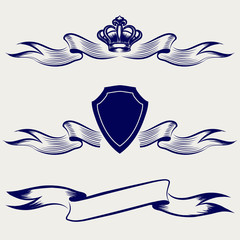Wall Mural - hand sketched ribbon banners collection. vector ballpoint pen drawing ribbons with shield and crown