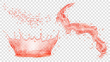 Red Water Crown, Drops And Splash Of Water. Transparency Only In Vector File