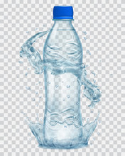 Transparent Plastic Bottle With Water Crown And Splashes In Gray Colors. Transparency Only In Vector File