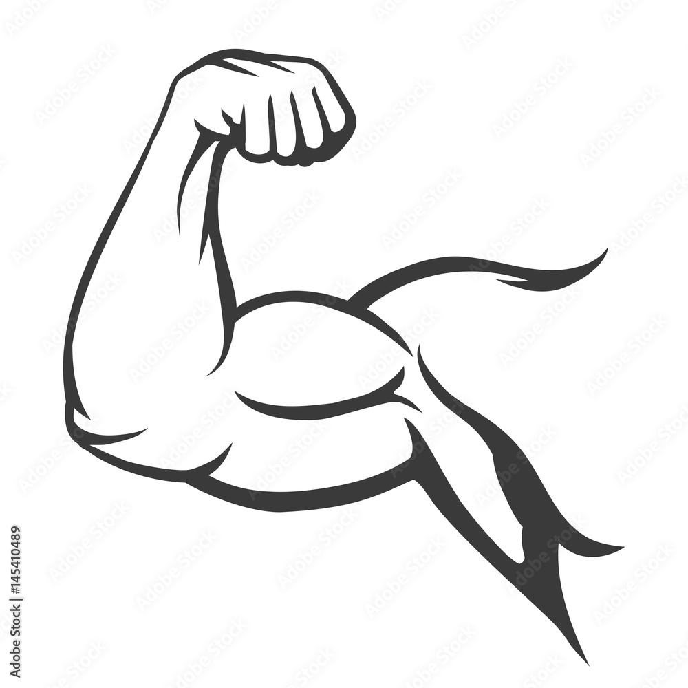 Bodybuilder muscle flex arm vector illustration. Strong macho biceps gym flexing hand vector icon isolated on white background - obrazy, fototapety, plakaty 