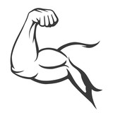 Fototapeta  - Bodybuilder muscle flex arm vector illustration. Strong macho biceps gym flexing hand vector icon isolated on white background