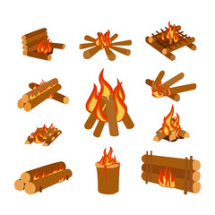 Wall Mural - Isolated illustration of campfire logs burning bonfire and firewood stack vector