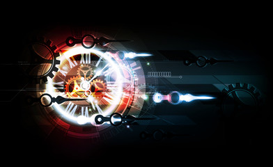 Wall Mural - red blue abstract futuristic technology background with clock concept and time machine, vector illus