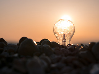 Concept scene of light bulb on pebble beach