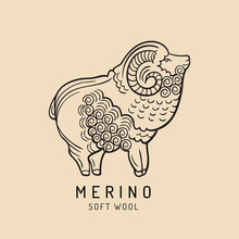 Merino Sheep Logo, Label. Vector Ram Illustration. Ewe Soft Wool Sign. Fleece Icon Background.