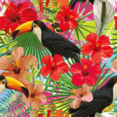 Wall Mural - Toucan leaves and flowers seamless pattern colorful motley backg