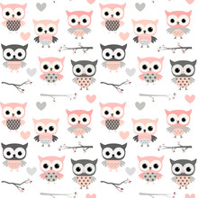 Cute Vector Seamless Pattern With Cartoon Owls, Hearts And Branches In Pink And Grey Colors For Girl Clothing, Scrapbooking And Nursery Decor