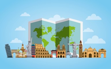 Wall Mural - iconics monuments of the world and map over blue background. travel and tourism design. vector illustraiton