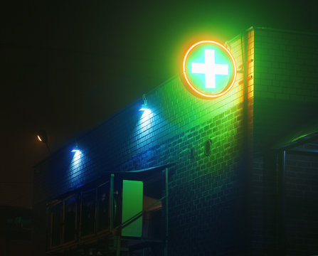 Fototapete - Street with fog and green cross medicine