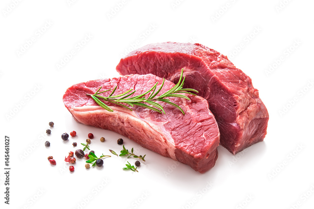 Pieces of raw roast beef meat with ingredients - obrazy, fototapety, plakaty 