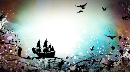 Wall Mural - Galleon Ship sailing through the Galaxies cartoon character in the real world silhouette art photo manipulation