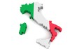 Country shape of Italy - 3D render of country borders filled with colors of Italy flag isolated on white background