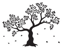 Vector Illustration Of Tree With Leaves And Two Birds In Black Colour On White Background. Wall Sticker.