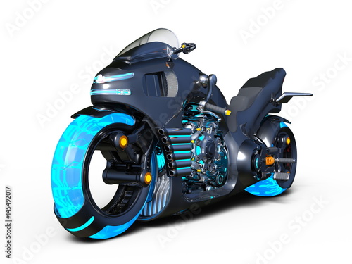 motocykl-przyszlosci-z-niebieskimi-oponami-na-bialym-tle