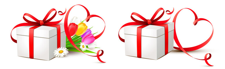 Sticker - Geschenkbox mit roter Herzform Schleife und Blumen - Set