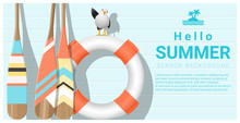 Hello Summer Background With Lifebuoy And Canoe Paddle , Vector , Illustration