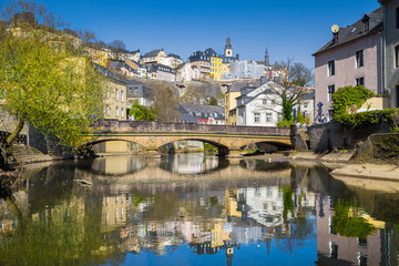Fototapete - Historic city center of Luxembourg City with Alzette river in summer, Luxembourg