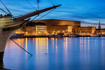 Sticker - Stockholm night image with vintage ship and Royal Palace.